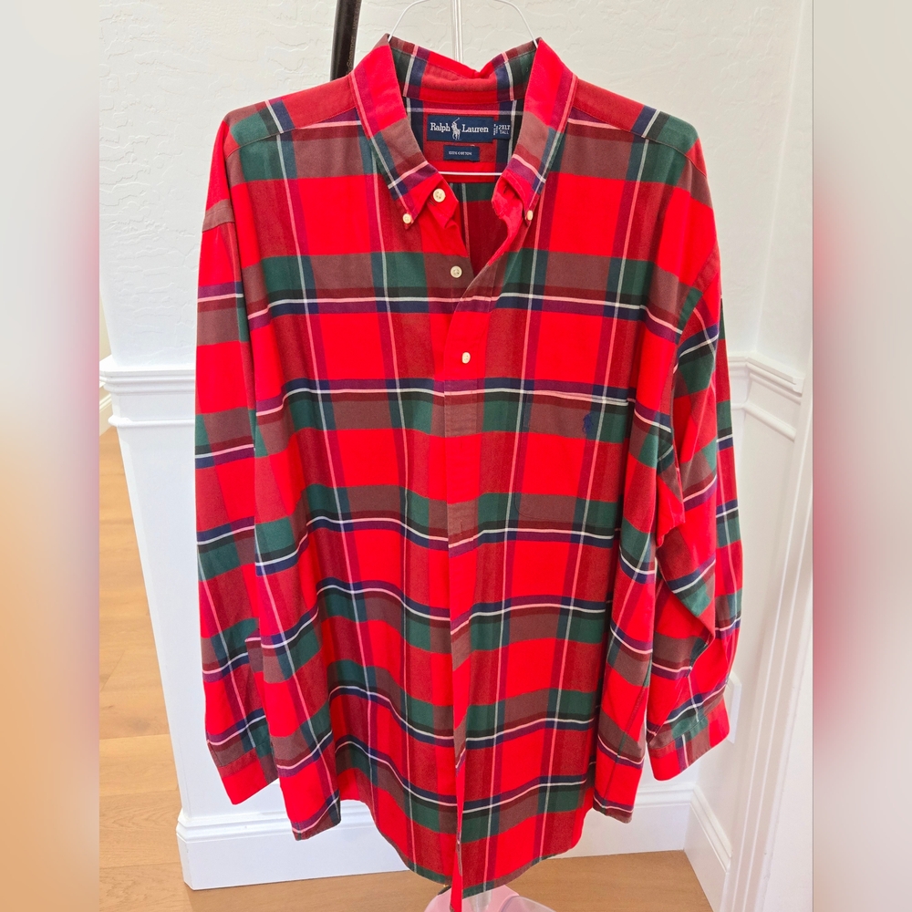 2XLT Tall, Men's Classic fit Ralph Lauren plaid button down in red and green.